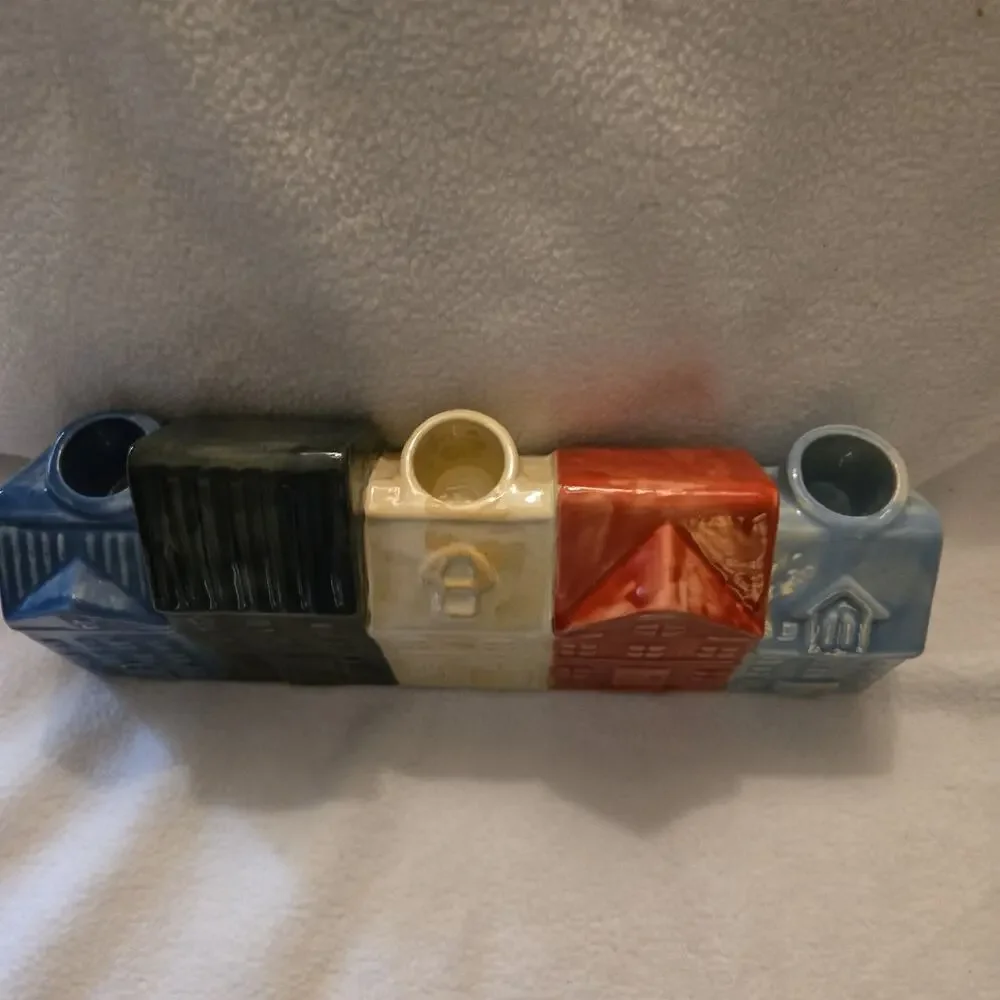 Red White Blue Ceramic Candle Holder Row of Houses 9”x4.5”x2” Holds 3 Candles